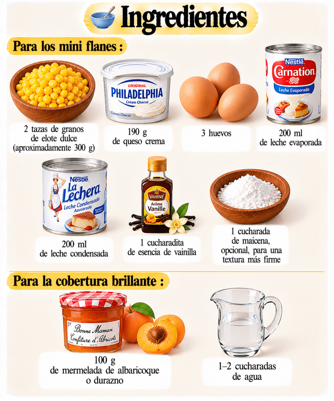 La Liste des Ingrédients : Mini flanes de elote y queso crema: cremosos, suaves y con un toque dulce irresistible