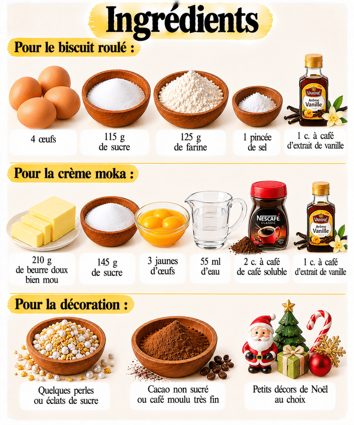 La Liste des Ingrédients : Bûche de Noël moka au café : biscuit léger et crème onctueuse pour les fêtes