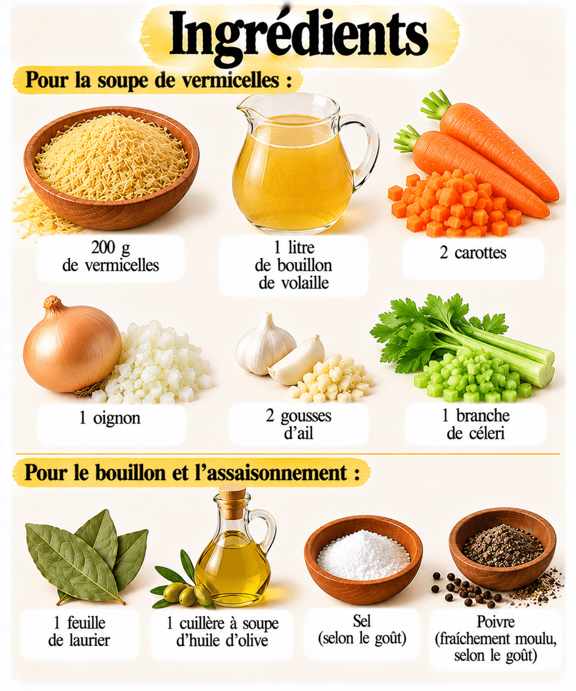 La Liste des Ingrédients : Soupe de vermicelles de grand-mère : recette traditionnelle au bouillon de volaille et légumes