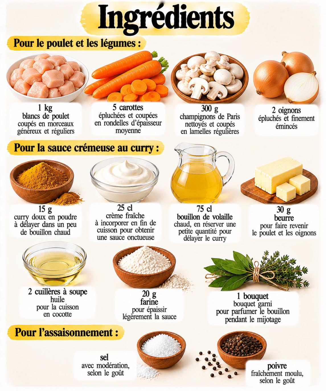 La Liste des Ingrédients : Blanquette de poulet au curry doux : la version familiale crémeuse et parfumée