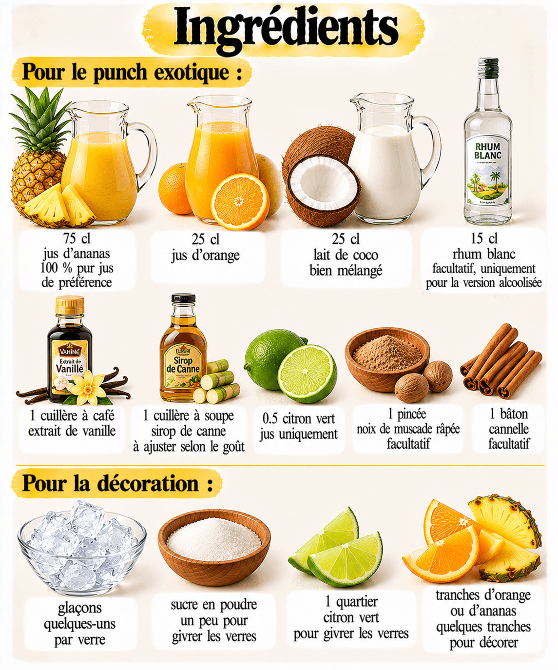 La Liste des Ingrédients : Punch de Noël Exotique Maison : recette crémeuse à l’Ananas, Coco, Orange et Vanille