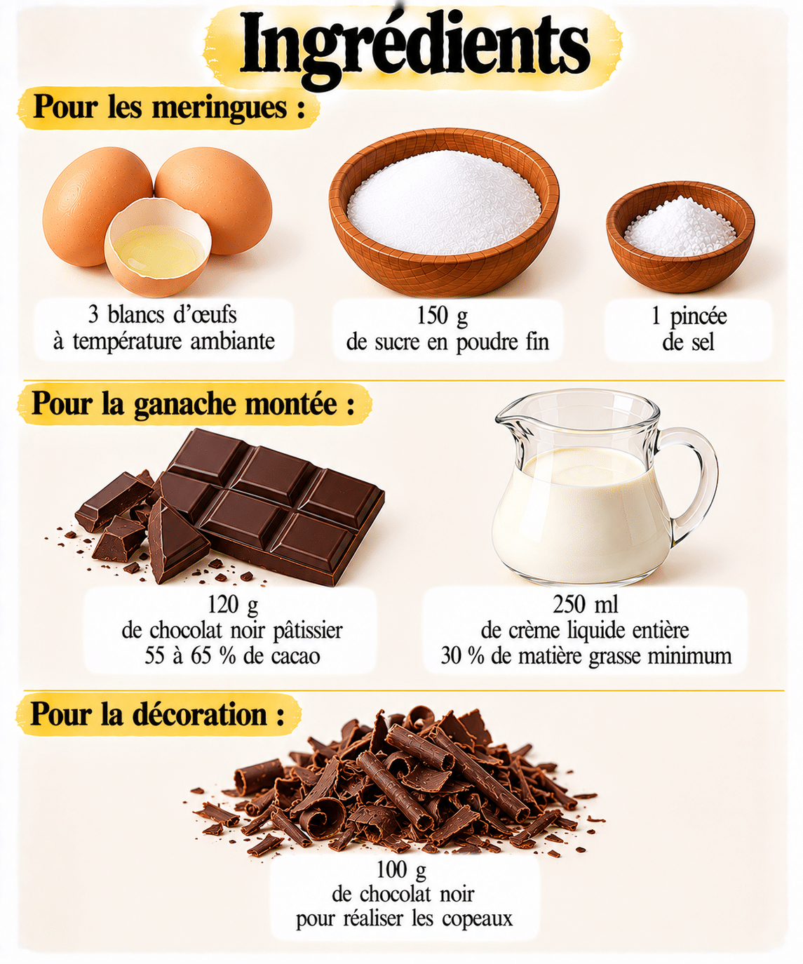 La Liste des Ingrédients : Merveilleux au chocolat de Noël : meringues croquantes et ganache montée