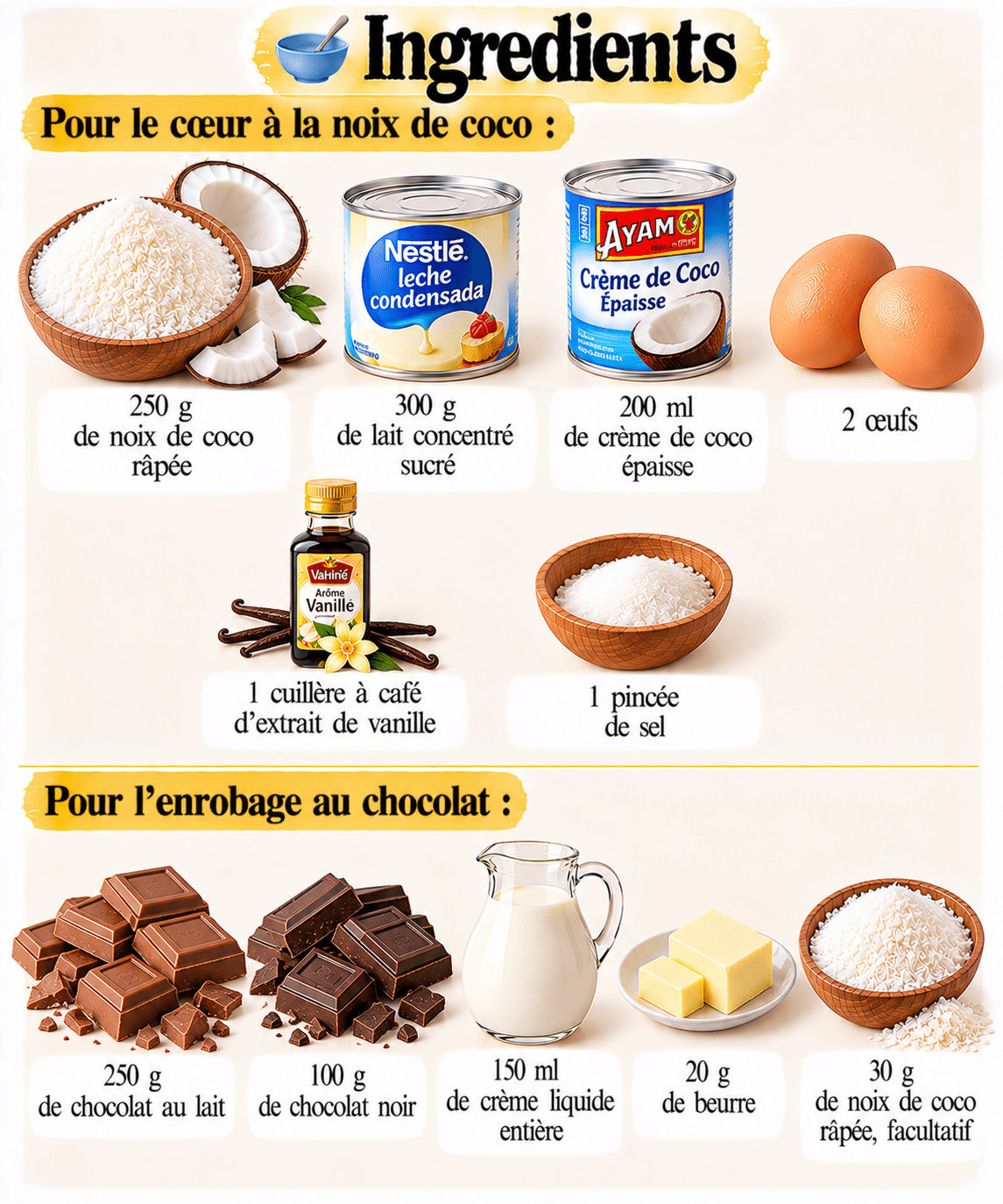 La Liste des Ingrédients : Gâteau Bounty maison facile : dessert coco chocolat ultra fondant