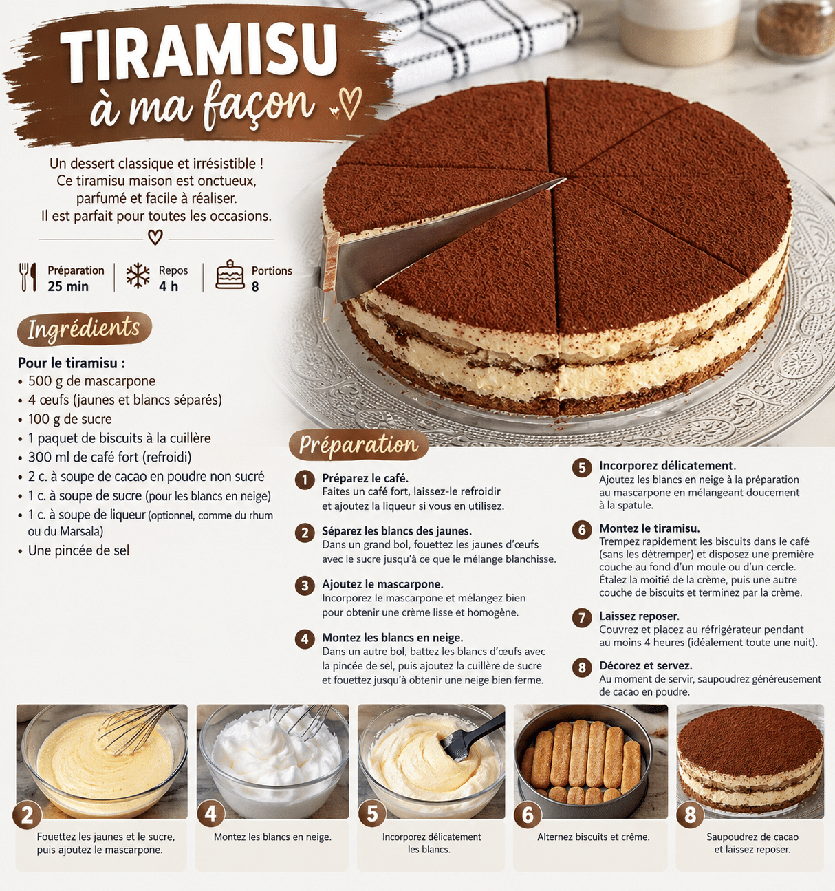 Guide de Préparation : Tiramisu à ma façon, crémeux et irrésistible : la recette sans cuisson qui plaît toujours
