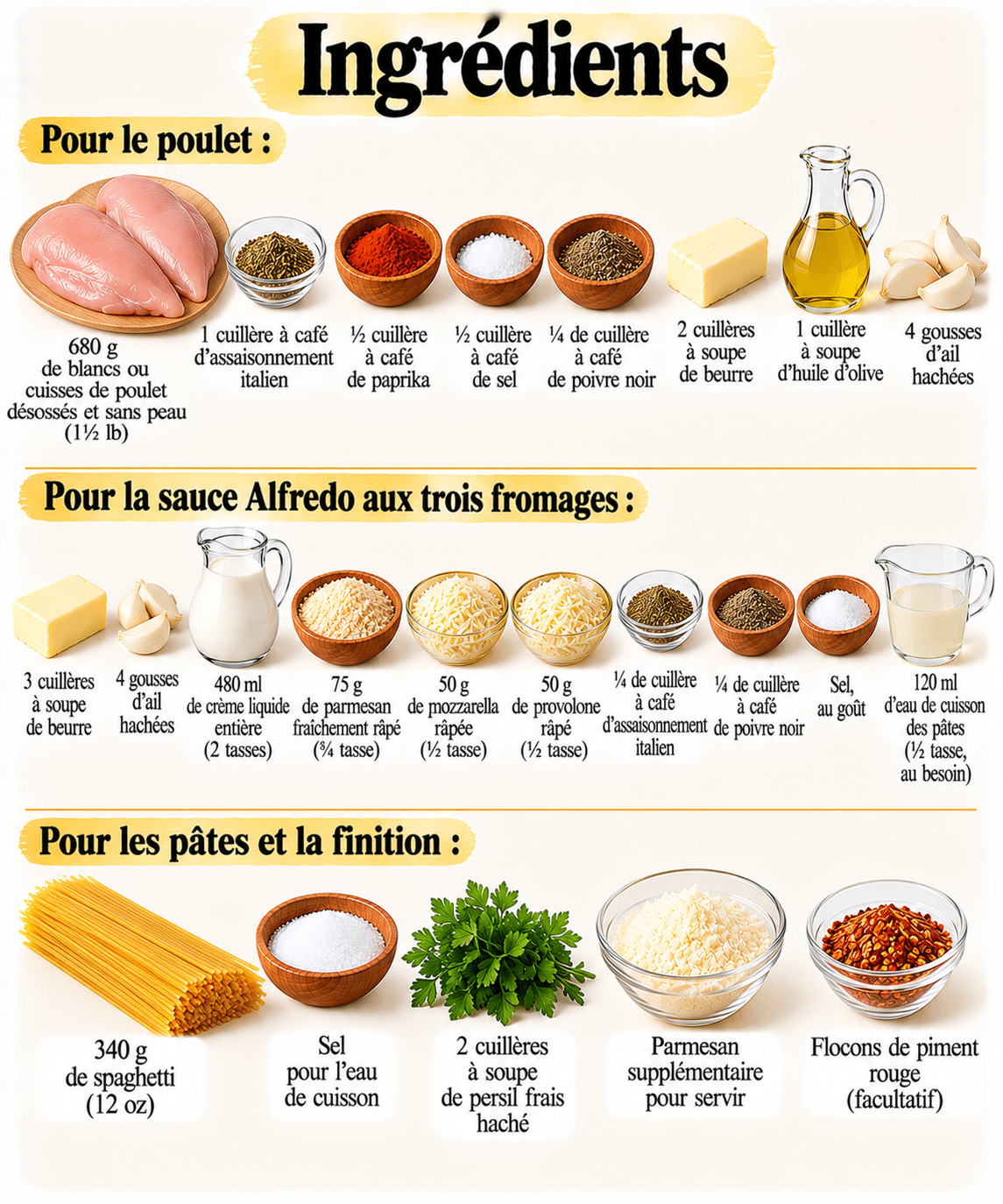 La Liste des Ingrédients : Buttery Garlic Chicken Spaghetti in Three-Cheese Alfredo Sauce