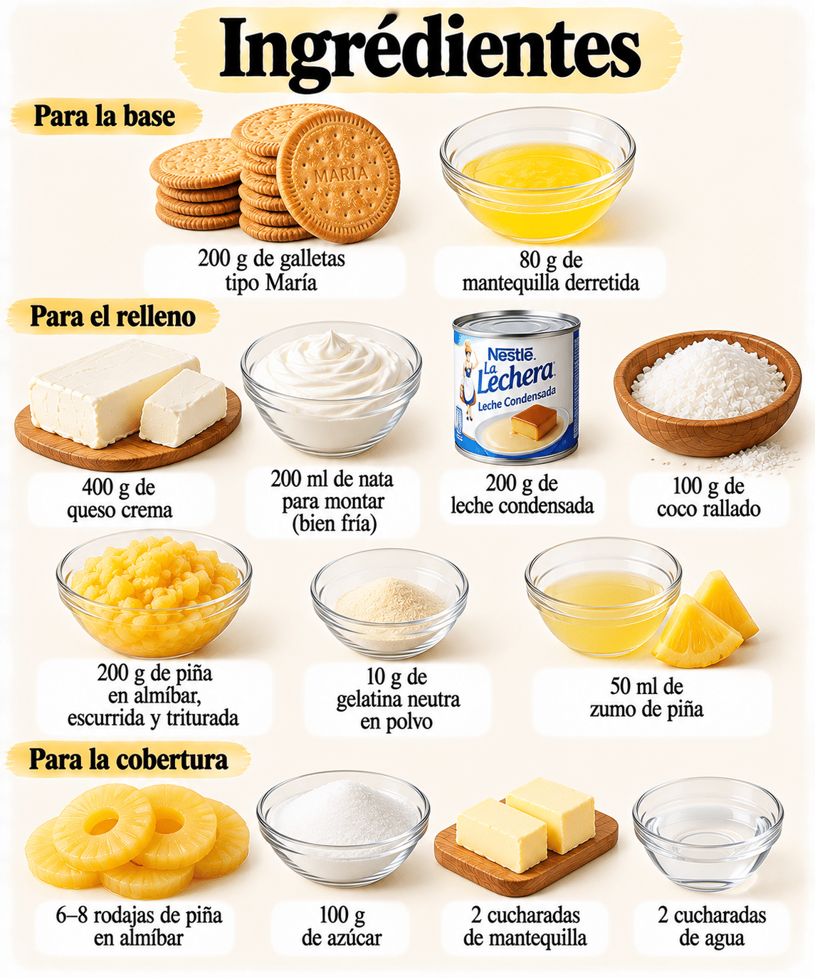 La Liste des Ingrédients : Tarta Piña Colada sin horno: cremosa, tropical y perfecta para cualquier ocasión