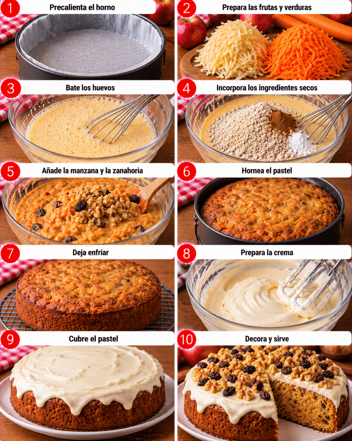 Guide de Préparation : Pastel de avena, manzana y zanahoria con cobertura cremosa: húmedo, tierno y lleno de sabor