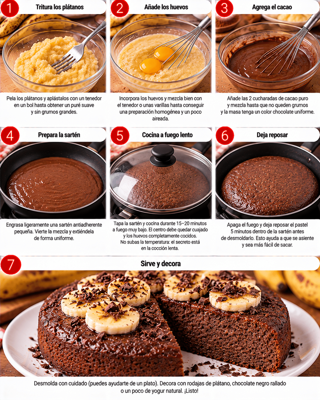 Guide de Préparation : Pastel de chocolate y plátano en sartén: sin horno, sin harina y solo 3 ingredientes