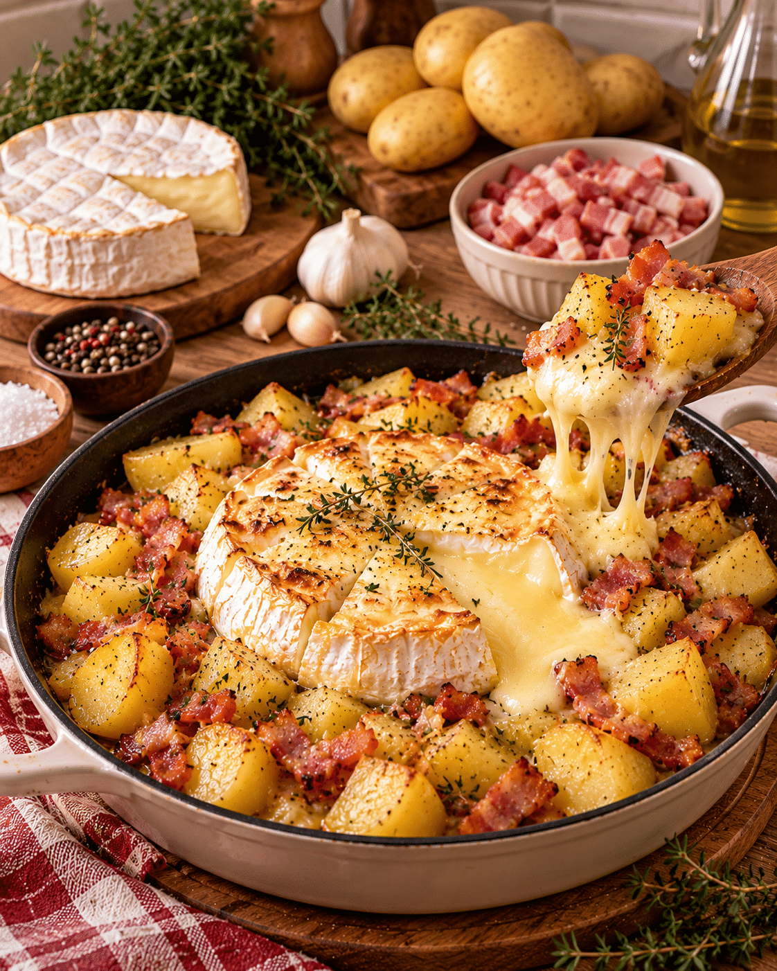 Camembert rôti coulant, pommes de terre fondantes et lardons au Cookeo