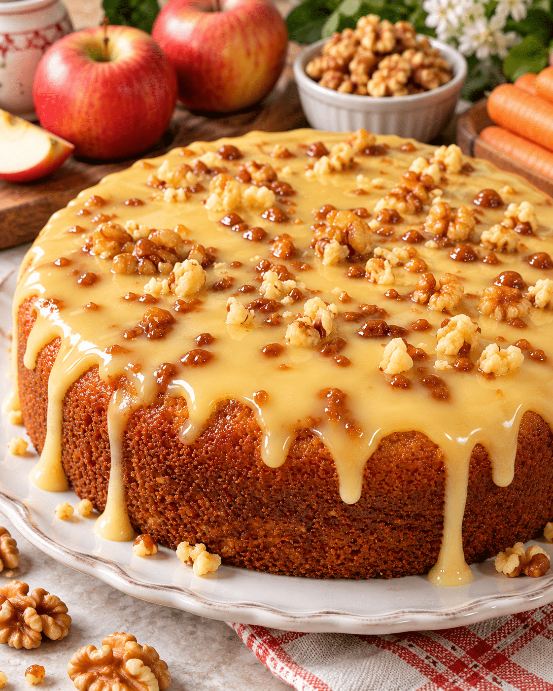 Pastel de avena, manzana y zanahoria con cobertura cremosa: húmedo, tierno y lleno de sabor