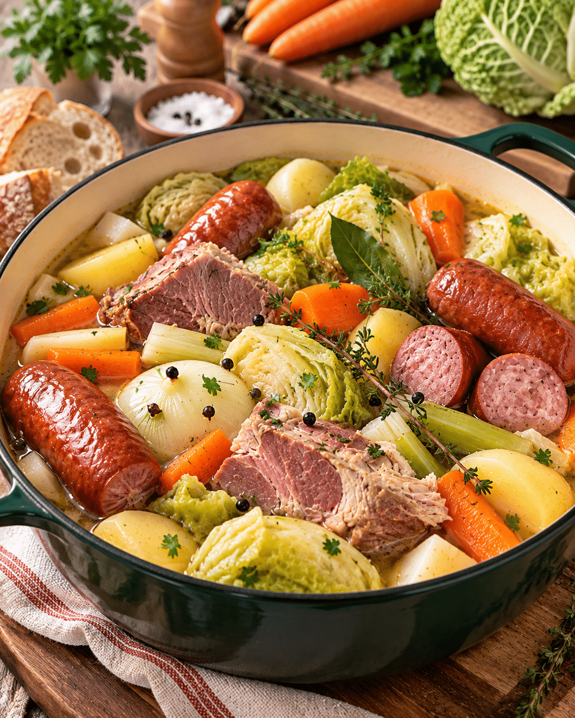 Potée française au chou, porc et saucisse, fondante