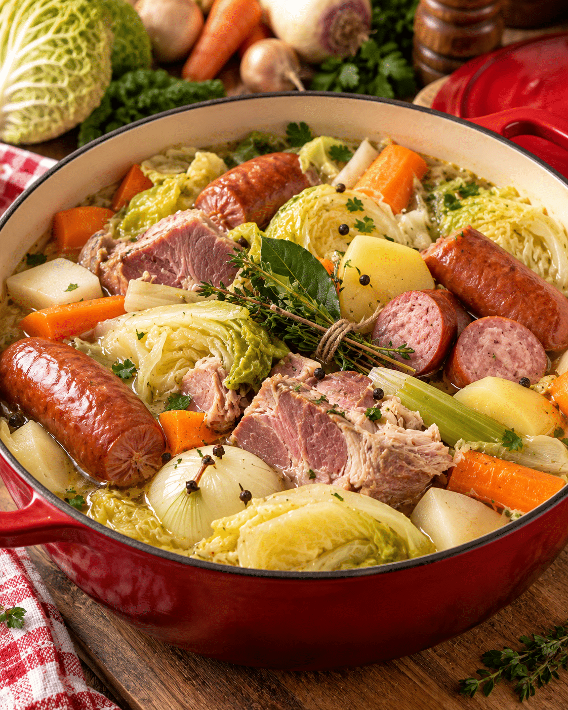Potée française au chou, porc et saucisse, fondante
