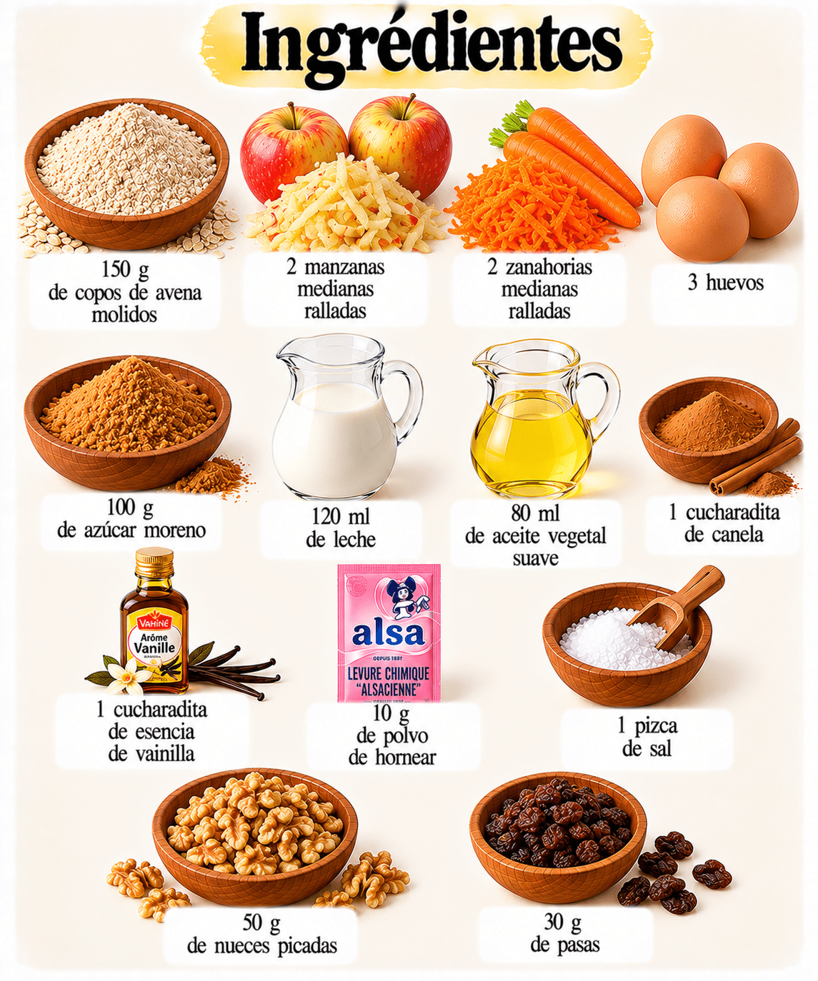 La Liste des Ingrédients : Pastel de avena, manzana y zanahoria con cobertura cremosa: húmedo, tierno y lleno de sabor