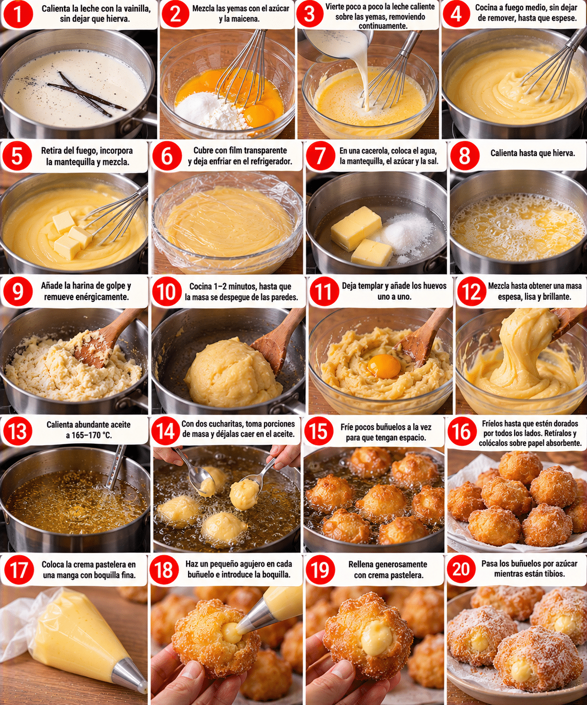 Guide de Préparation : Buñuelos de viento rellenos de crema pastelera: esponjosos, dorados y con un corazón cremoso Guide de Préparation : Buñuelos de viento rellenos de crema pastelera: esponjosos, dorados y con un corazón cremoso