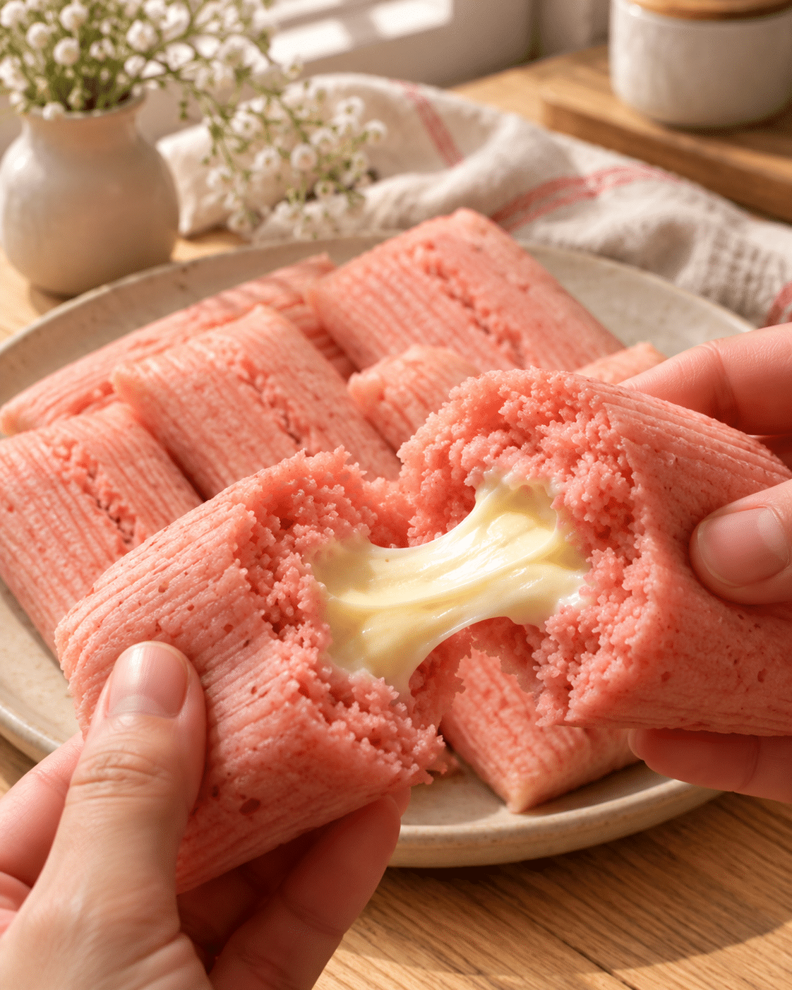 Tamales dulces rosas con queso crema: