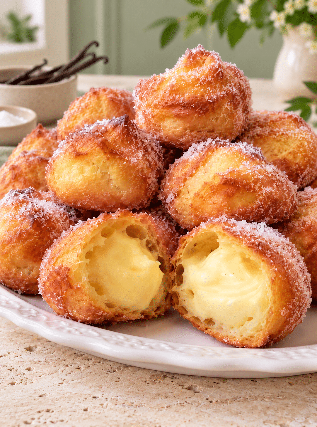 Buñuelos de viento rellenos de crema pastelera: esponjosos, dorados y con un corazón cremoso