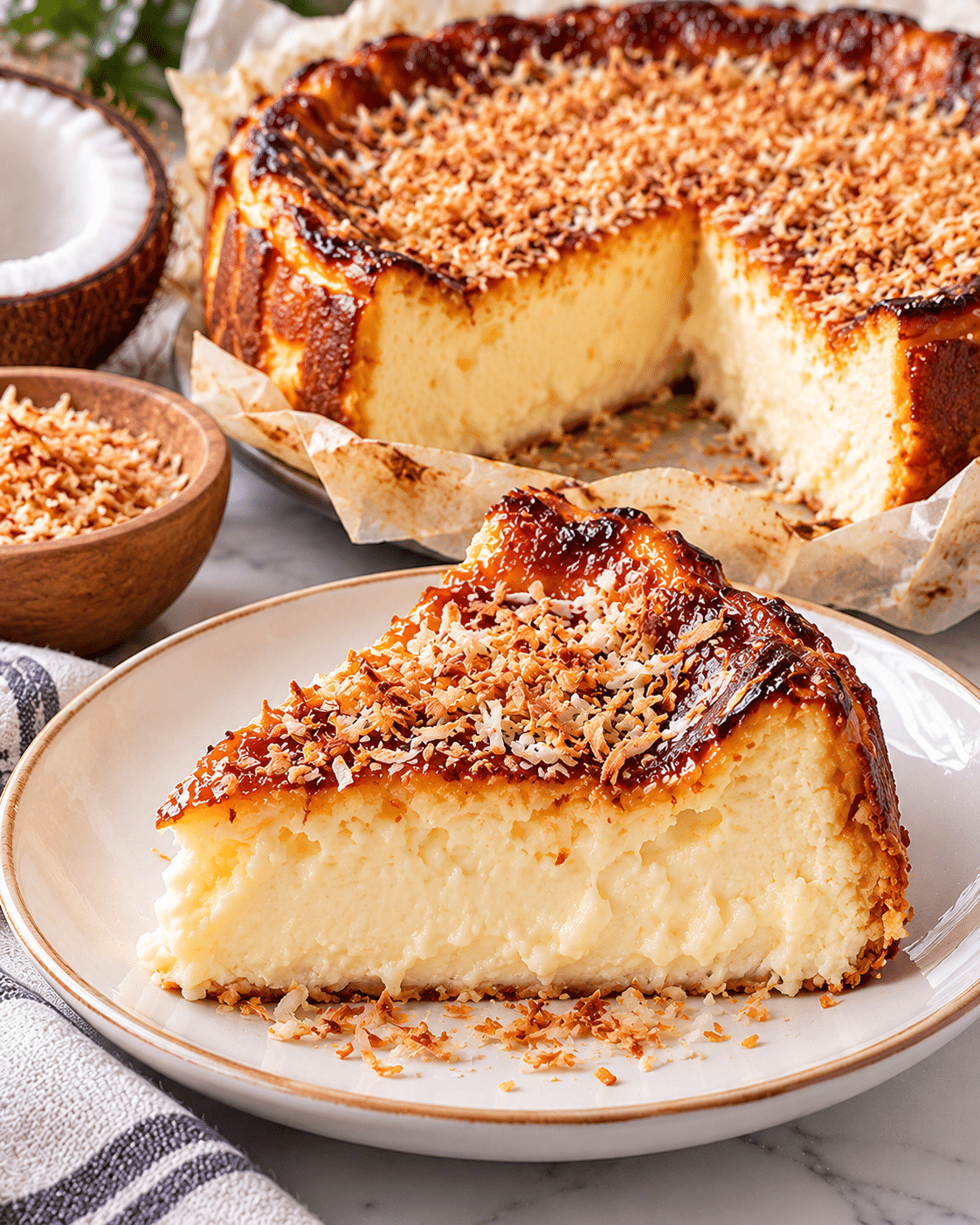 Tarta de Queso Vasca con Coco Tostado – Cremosa y Aromática