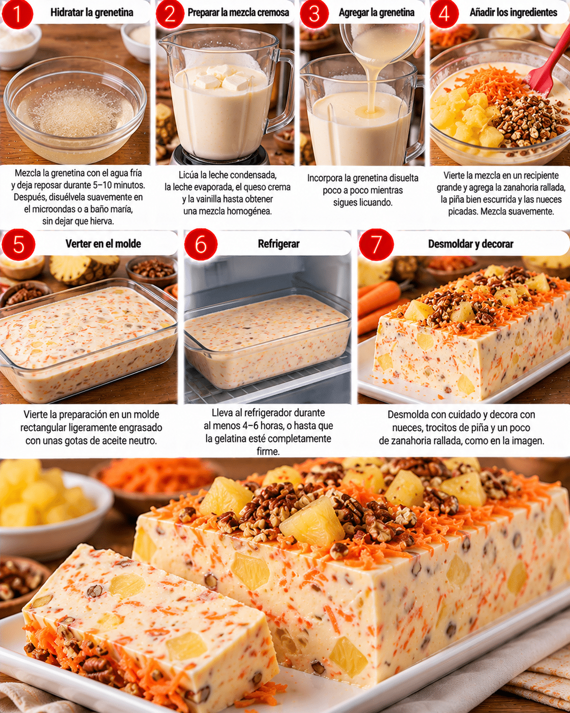 La Liste des Ingrédients : Gelatina de zanahoria, piña y nuez: cremosa, fresca y con un toque sorprendente