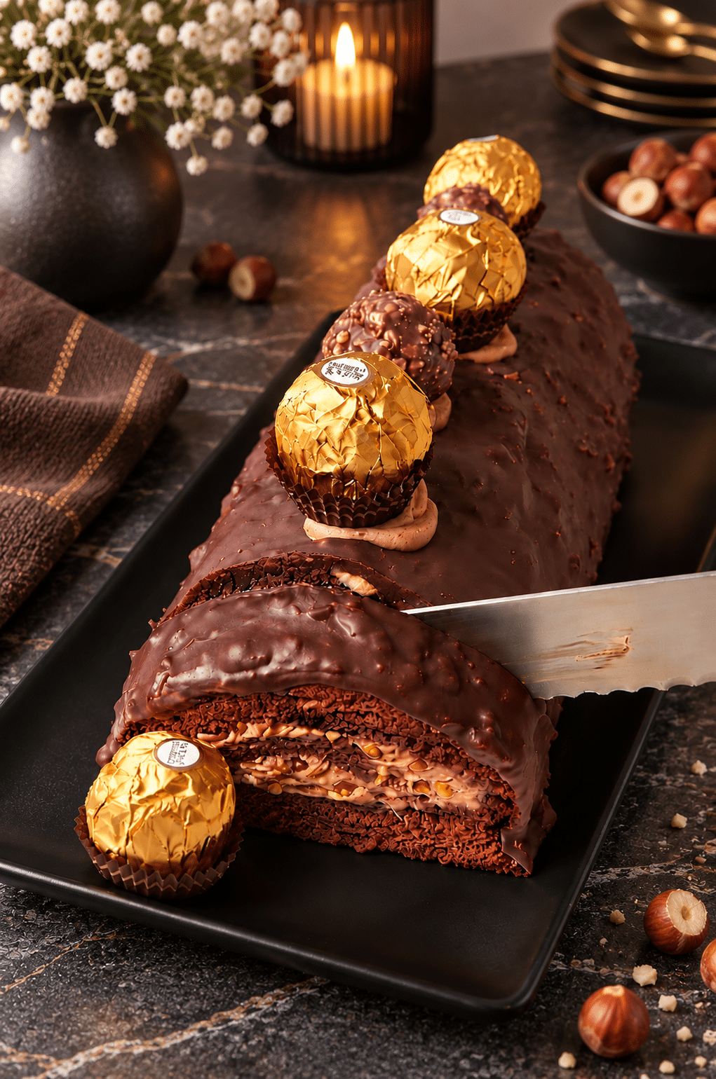 Bûche façon Ferrero Rocher : biscuit au chocolat, crème noisette et cœur croustillant