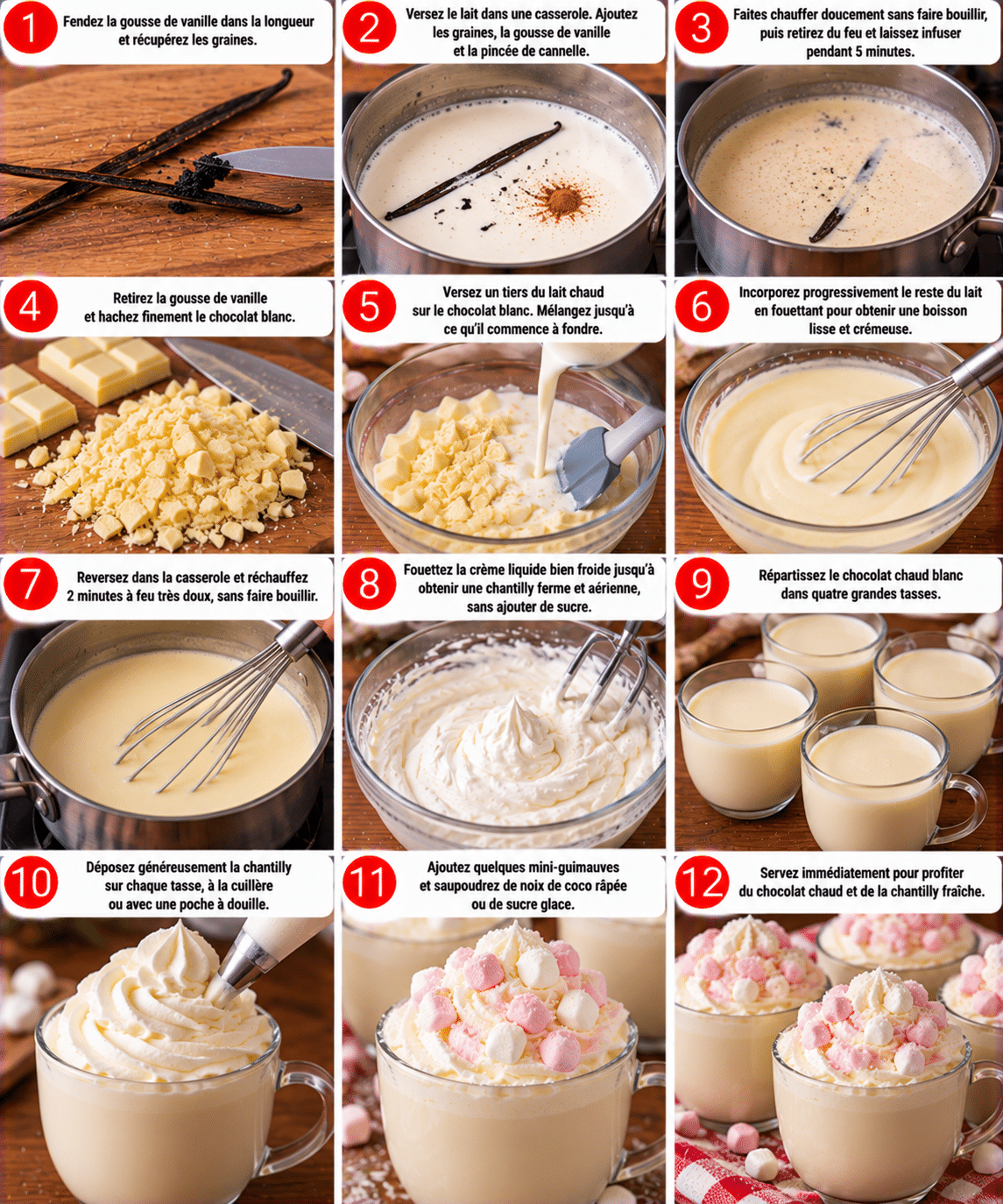 Guide de Préparation : Chocolat chaud blanc façon boule de neige : doux, crémeux et gourmand Guide de Préparation : Chocolat chaud blanc façon boule de neige : doux, crémeux et gourmand