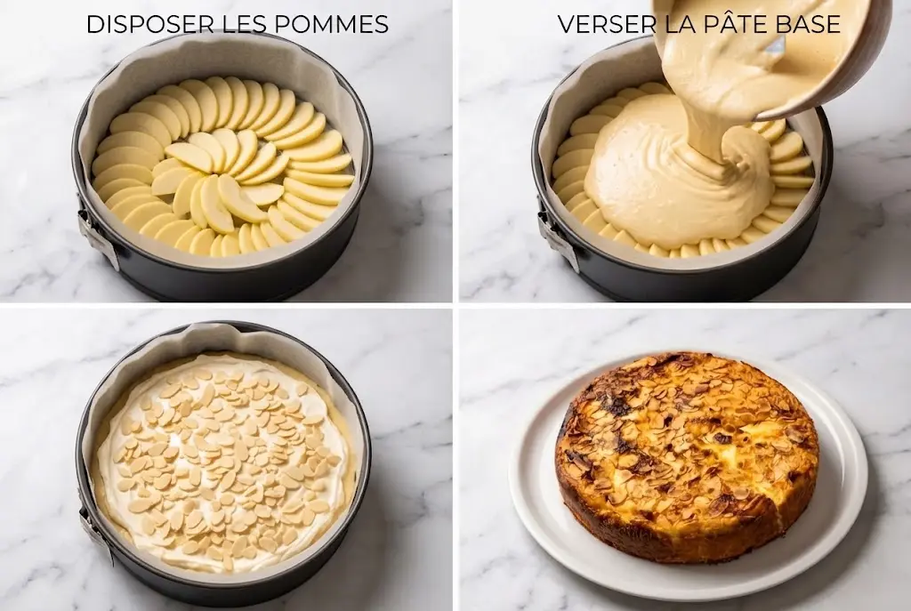 Étapes de préparation du gâteau aux pommes au mascarpone dans un moule à charnière