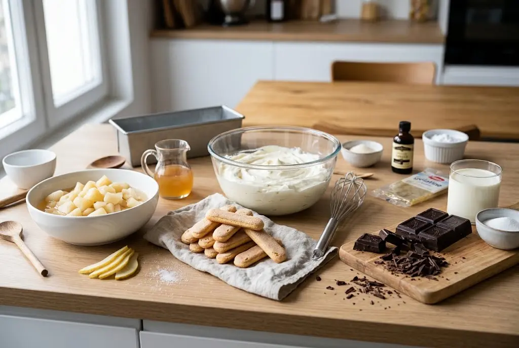 Ingrédients nécessaires pour la Charlotte Poire-Chocolat en Lingot disposés sur un plan de travail : biscuits à la cuillère, poires au sirop, crème mascarpone, chocolat noir pâtissier, crème liquide, gélatine et vanille.