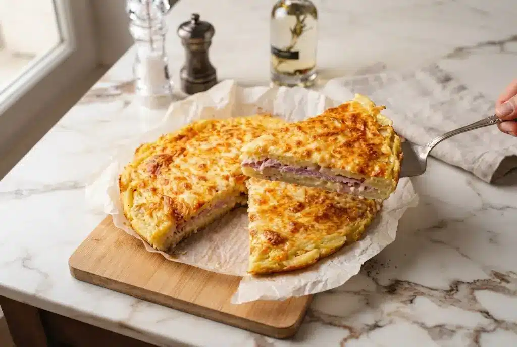 Galette de pomme de terre, jambon et fromage dorée et gratinée sur planche en bois