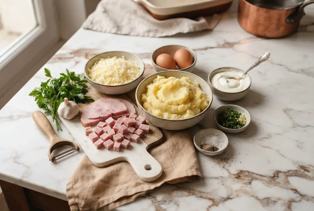 Image 1 (Ingrédients) : Ingrédients frais sur plan de travail en marbre pour galette de pomme de terre, jambon et fromage