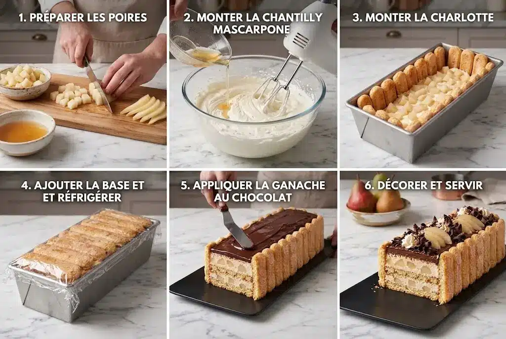 Infographie pas à pas en six étapes pour préparer la Charlotte Poire-Chocolat en Lingot, de la découpe des poires au montage dans le moule, jusqu’au glaçage au chocolat et à la décoration finale.