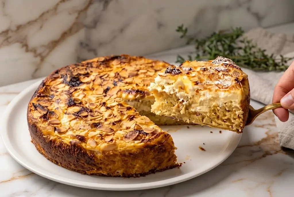 Une part de gâteau aux pommes au mascarpone fraîchement coupé révélant sa texture crémeuse