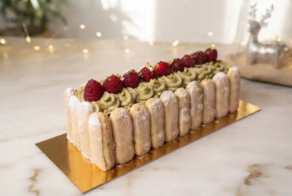 Vue d'ensemble de la BÛCHE PISTACHE-FRAMBOISE FAÇON CHARLOTTE — SANS CUISSON ! sur son plateau doré, avec décorations de fêtes en arrière-plan.