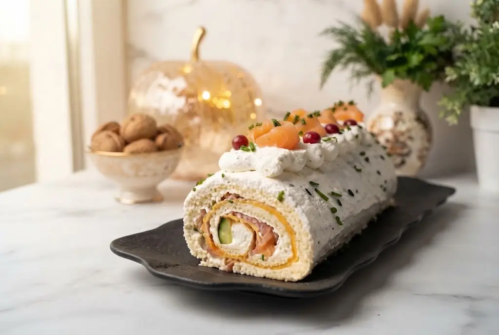 Bûche de Noël salée garnie de roses de saumon fumé posée sur une assiette noire moderne.